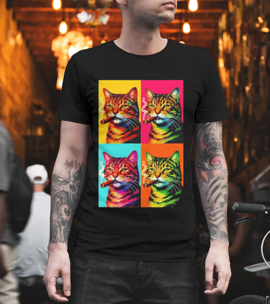 Pop Art Cat Smoking Cigar Colorful Comic T-Shirt