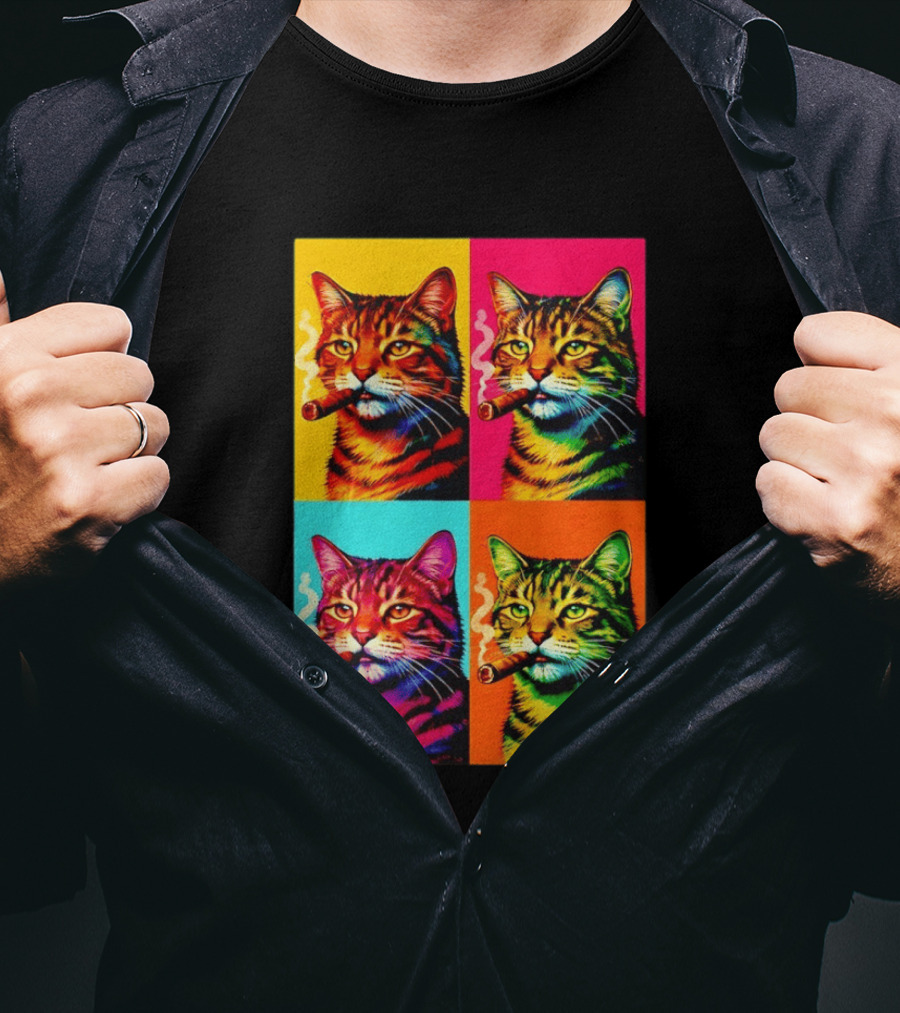 Pop Art Cat Smoking Cigar Colorful Comic T-Shirt