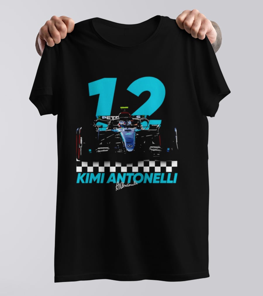 Kimi Antonelli 12 Formula One Racing Car With Checkered Flag T-Shirt