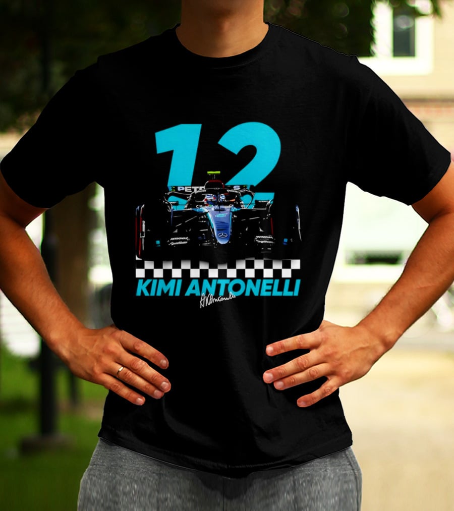 Kimi Antonelli 12 Formula One Racing Car With Checkered Flag T-Shirt