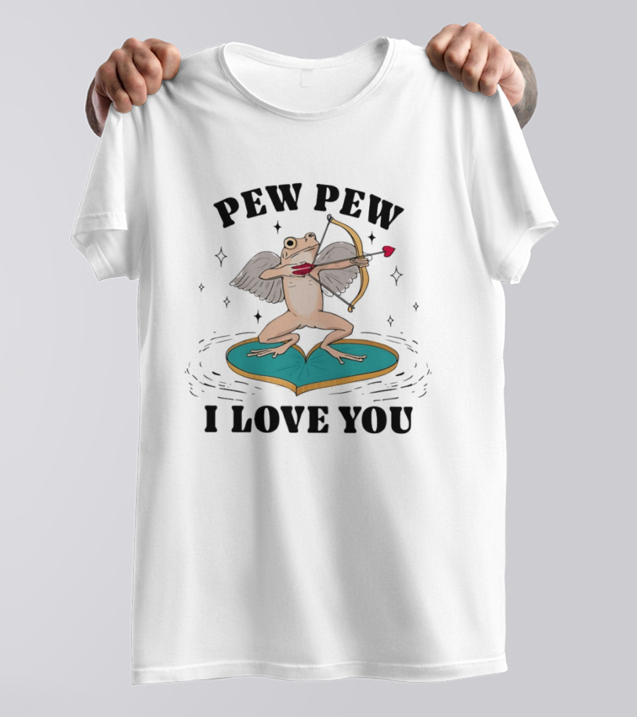 Pew Pew Cupid Frog Holding Love Bow Heart Shaped Lotus Leaf I Love You T-Shirt