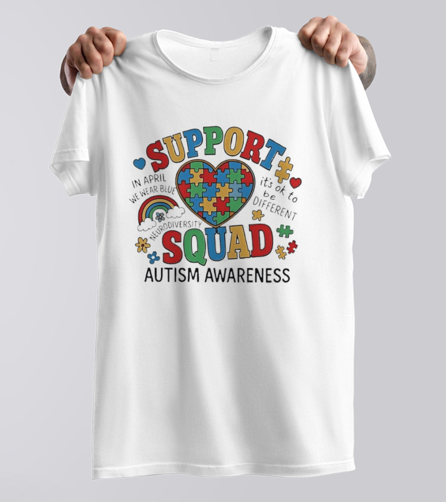 Autism Awareness Support Squad Neurodiversity Rainbow Puzzle Heart T-Shirt