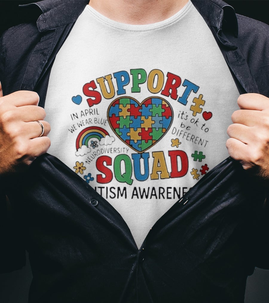 Autism Awareness Support Squad Neurodiversity Rainbow Puzzle Heart T-Shirt