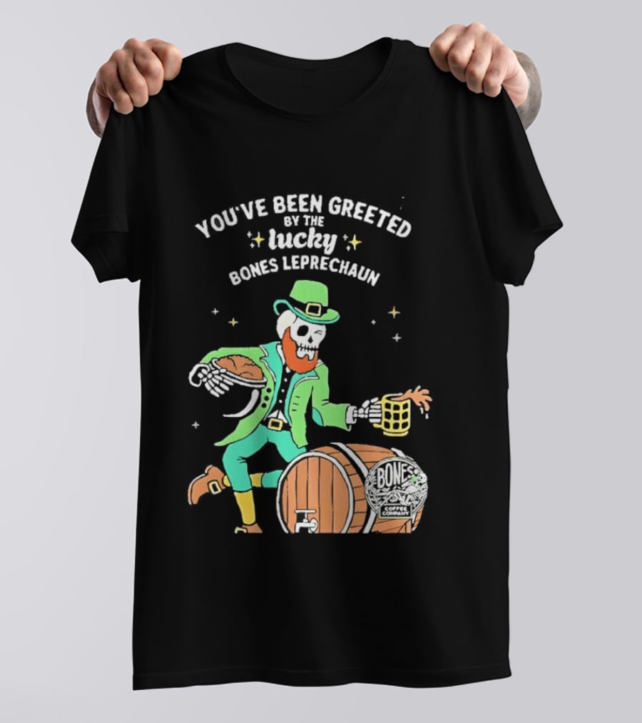 Lucky Bones Leprechaun With Beer And Barrel Celebration T-Shirt
