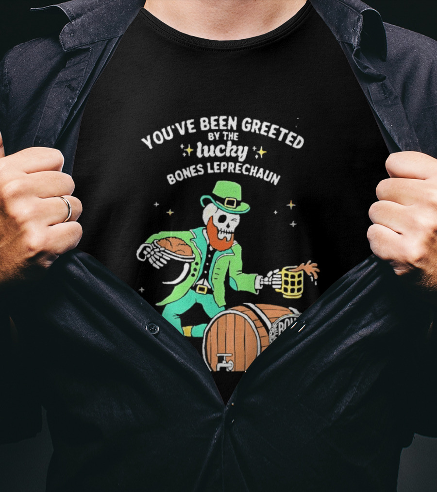 Lucky Bones Leprechaun With Beer And Barrel Celebration T-Shirt
