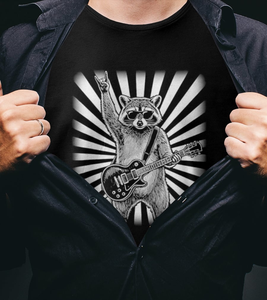 Raccoon With Guitar Rocking Out Retro Style Starburst T-Shirt