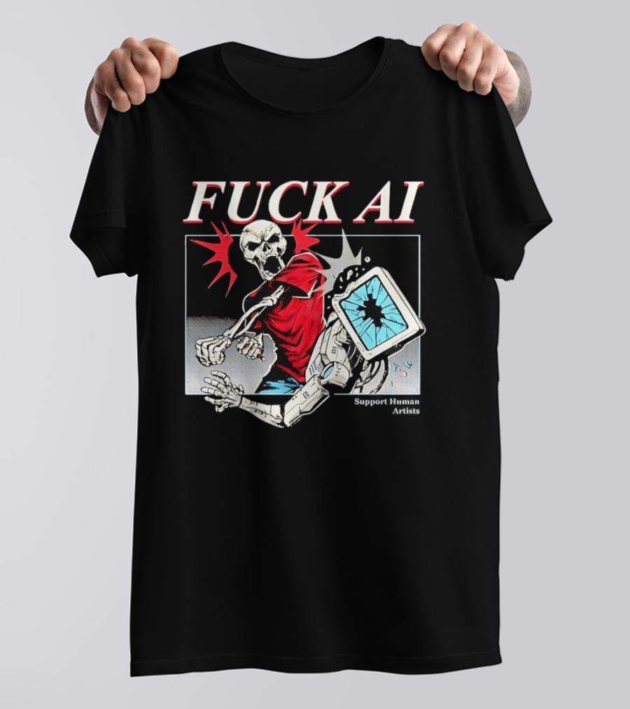 Skeleton Punch Robot Fuck AI Support Human Artists T-Shirt