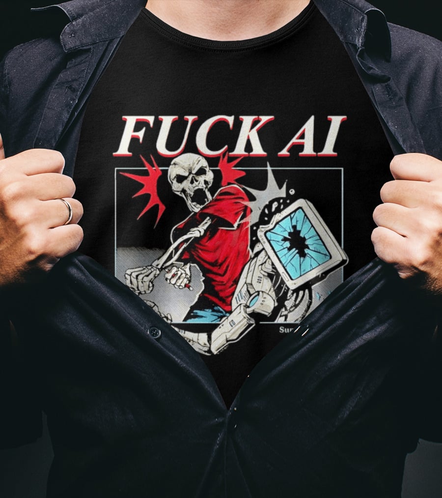 Skeleton Punch Robot Fuck AI Support Human Artists T-Shirt
