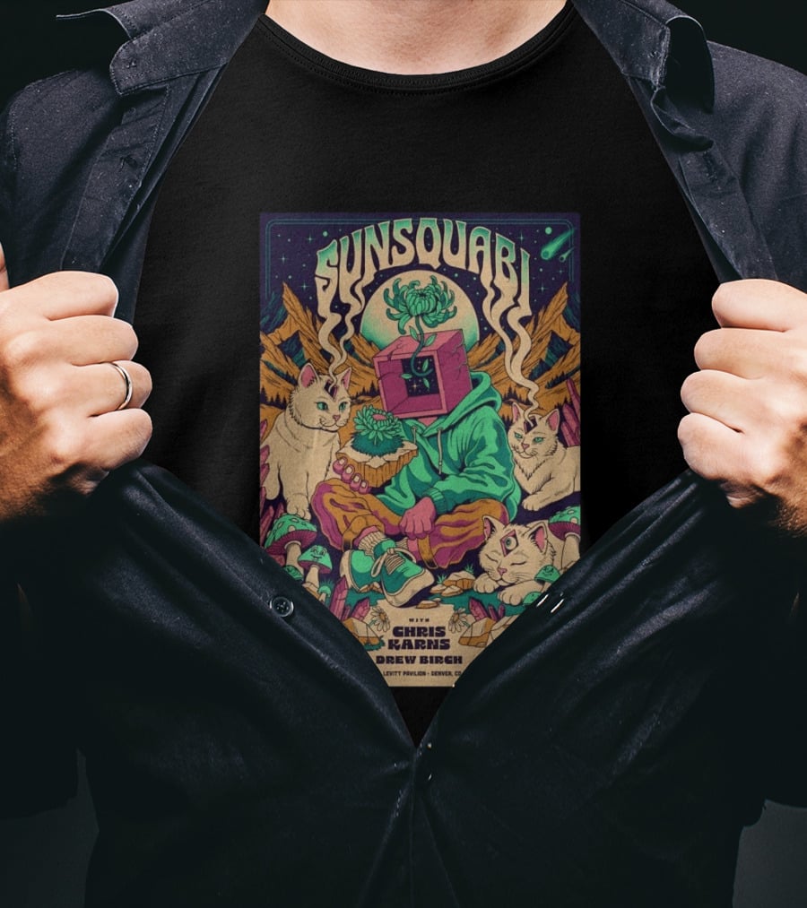 Sunsquabi Levitt Pavilion Denver Show June 13 2026 Free With Chris Karns Drew Birch T-Shirt