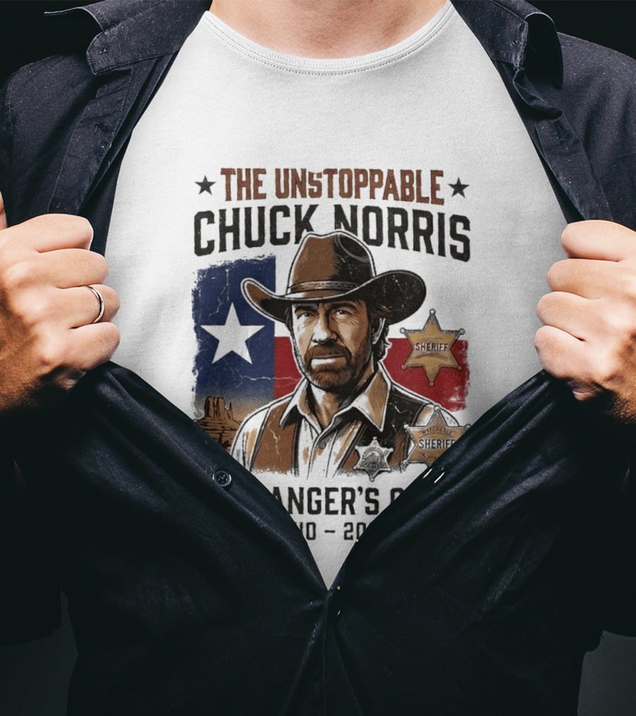 The Unstoppable Chuck Norris The Ranger's Creed 1940 2026 Sheriff Star And Texas Flag T-Shirt