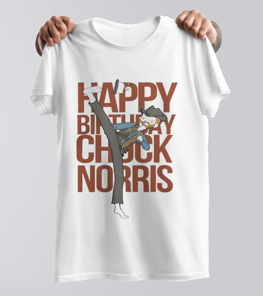 Happy Birthday Chuck Norris 2026 Cowboy Cartoon Kick T-Shirt