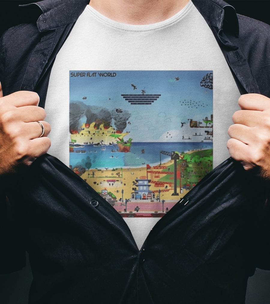 Super Flat World Cartoon Pixel Art Adventure Beach Cityscape Fantasy T-Shirt