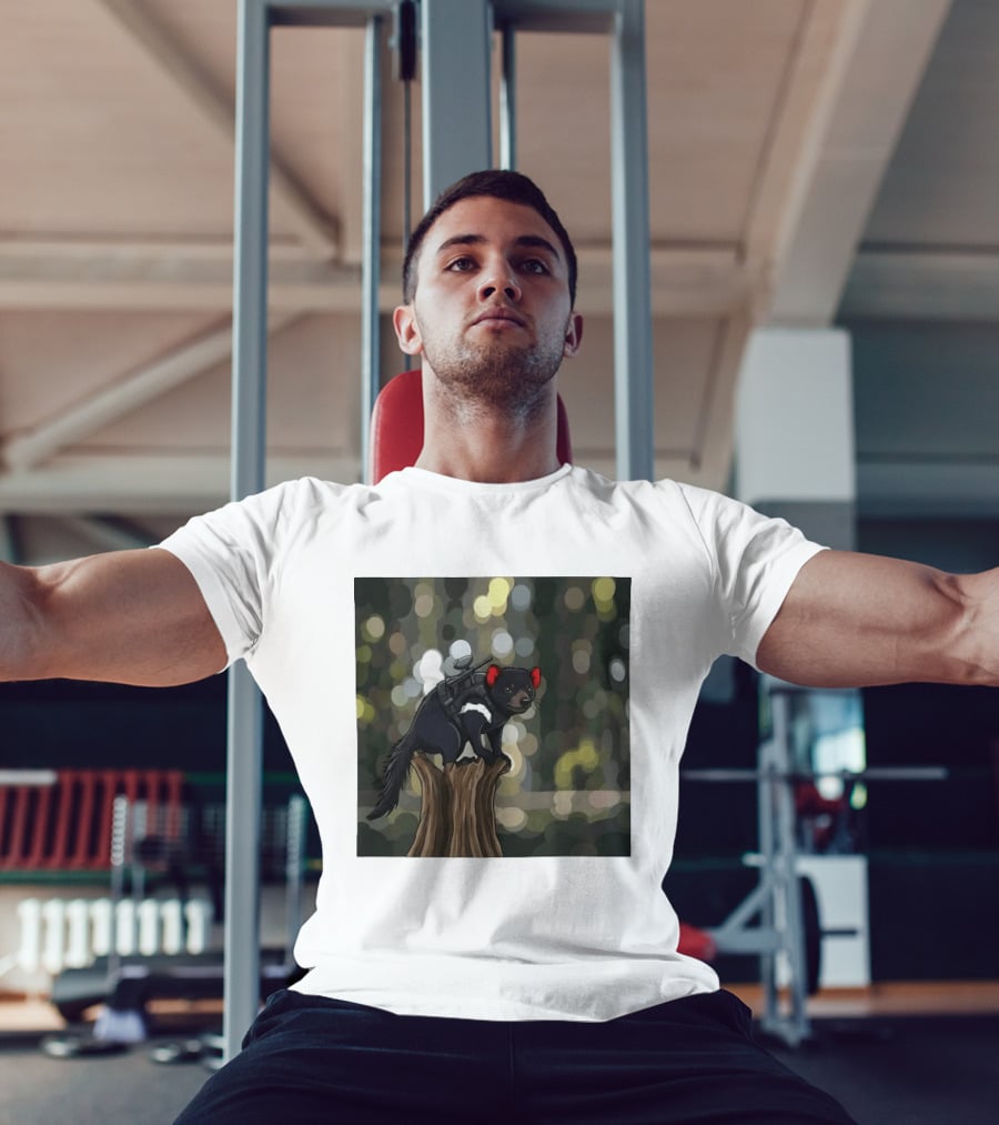 Tasmanian Devil With Machine Gun Cartoon On Tree Stump T-Shirt