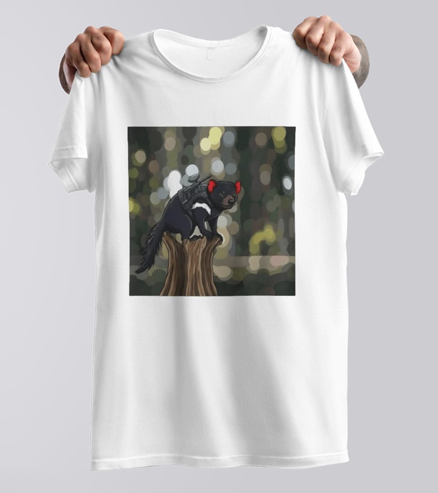 Tasmanian Devil With Machine Gun Cartoon On Tree Stump T-Shirt