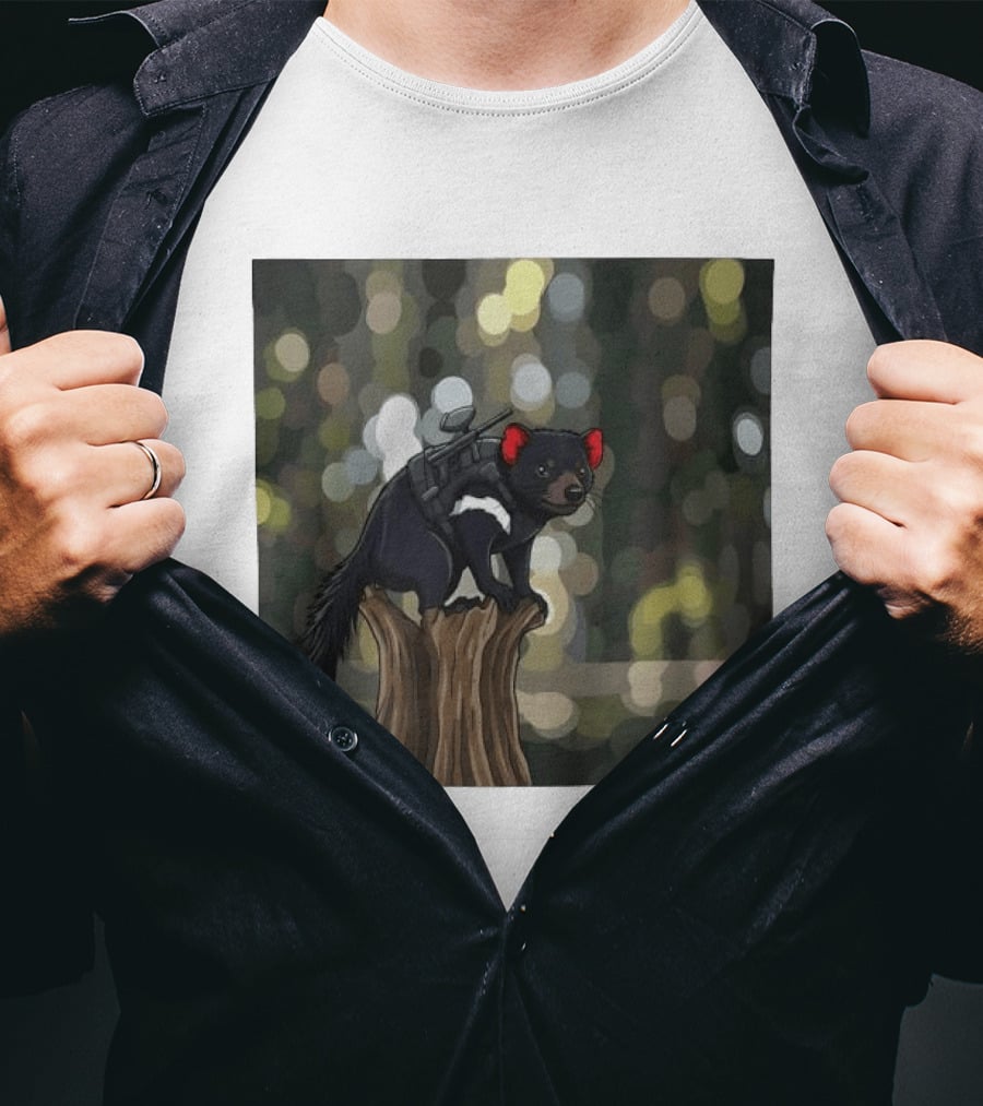 Tasmanian Devil With Machine Gun Cartoon On Tree Stump T-Shirt