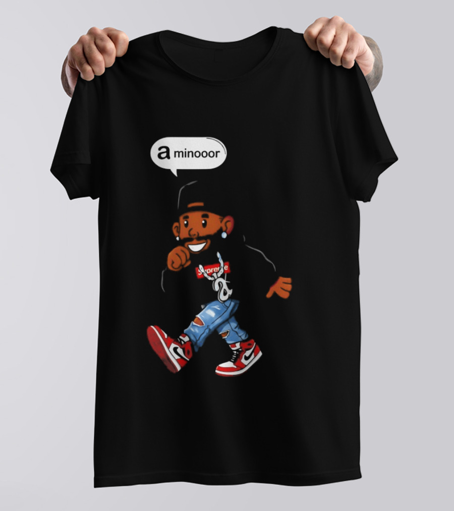 Kendrick Lamar Streetwear Cartoon Miniooor Red Sneakers Blue Jeans T-Shirt