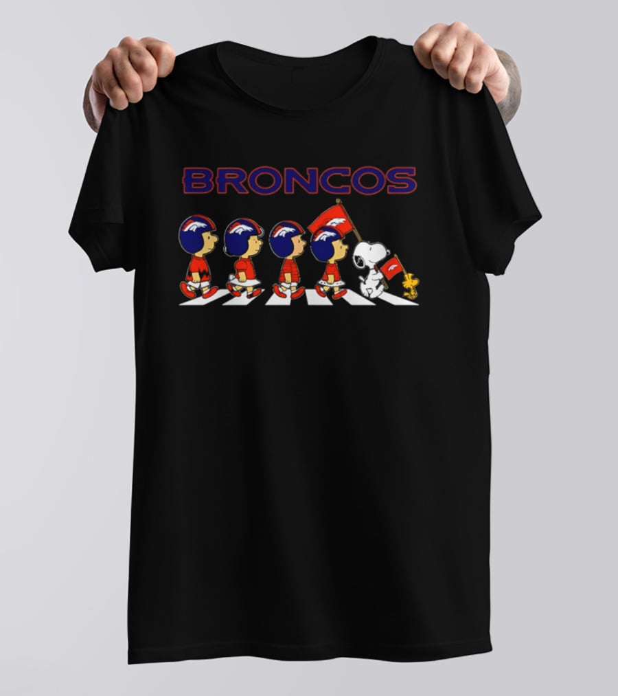 Peanuts Characters Walking With Denver Broncos Football Helmets And Flag T-Shirt