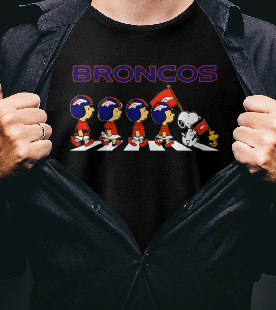 Peanuts Characters Walking With Denver Broncos Football Helmets And Flag T-Shirt