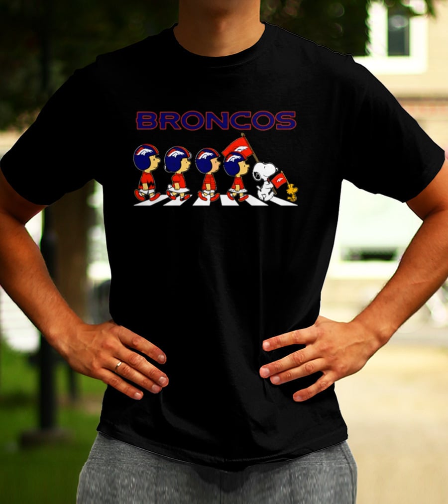 Peanuts Characters Walking With Denver Broncos Football Helmets And Flag T-Shirt