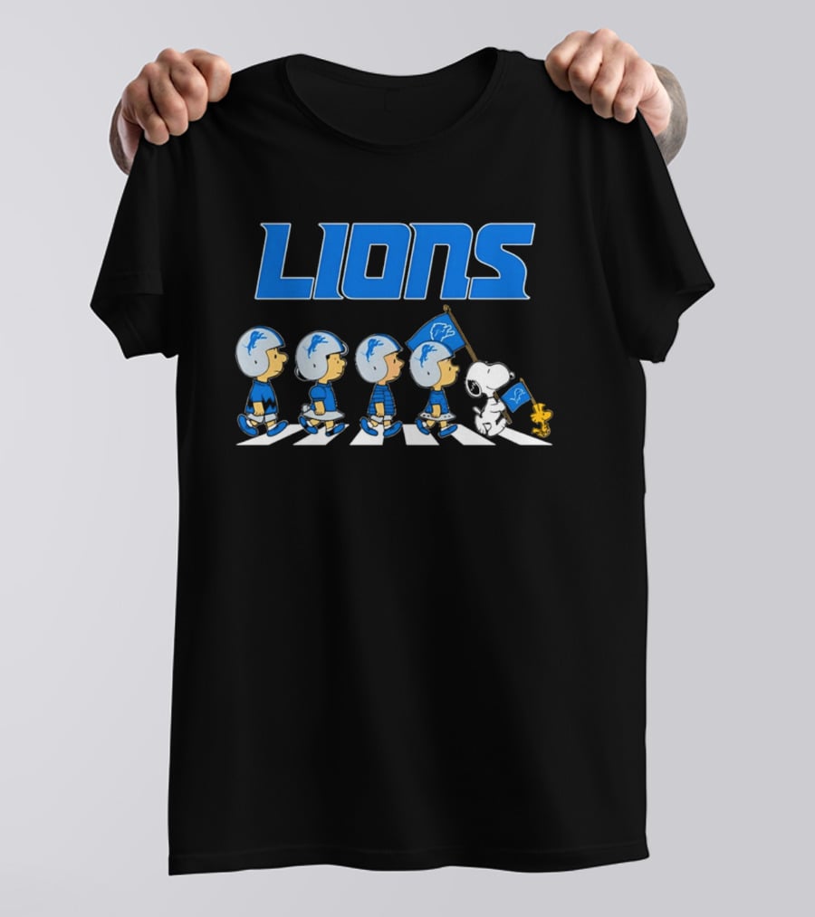 Peanuts Detroit Lions Football Flag Walking Abbey Road T-Shirt