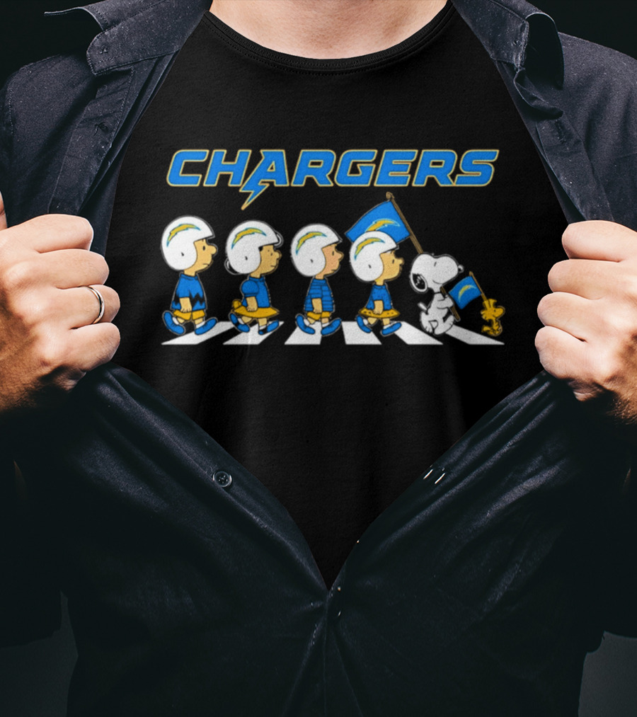 Peanuts Los Angeles Chargers Walking Flag Football Team Collaboration T-Shirt