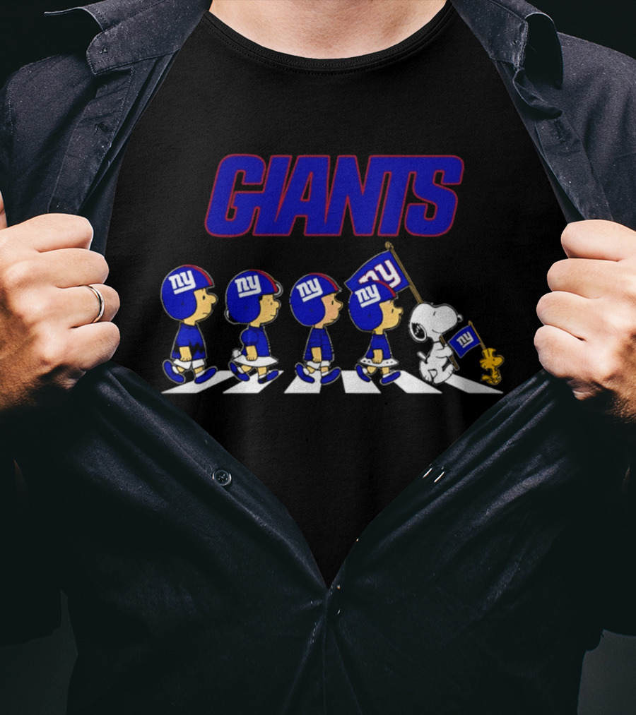 Peanuts Characters Walking With Giants Football Helmets And NY Flag T-Shirt