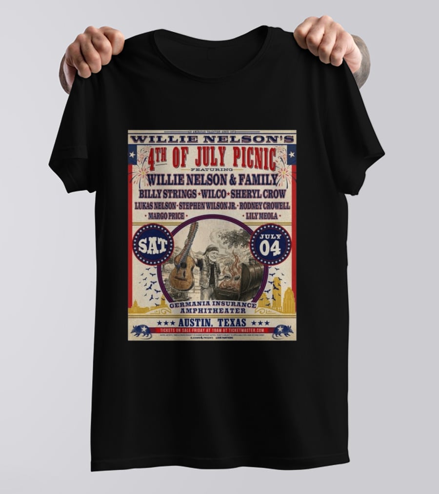 Willie Nelson's 4th Of July Picnic Willie Nelson & Family Billy Strings Wilco Sheryl Crow Austin Texas Germania Insurance Amphitheater July 4 2026 T-Shirt