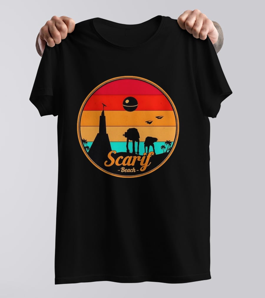 Scarif Beach Sunset With AT ACT Walkers And Death Star T-Shirt