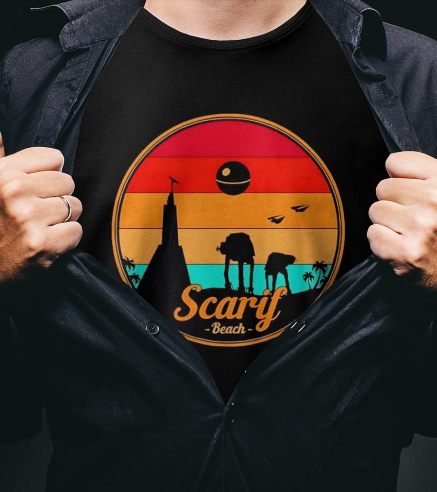 Scarif Beach Sunset With AT ACT Walkers And Death Star T-Shirt