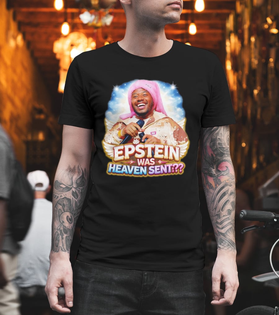 Epstein Was Heaven Sent Pink Hat Smiling Man With Microphone And Camouflage Jacket T-Shirt