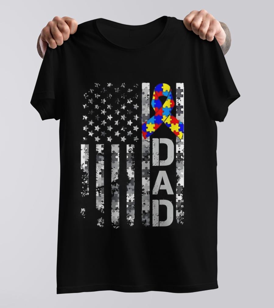 USA Flag With Autism Awareness Puzzle Ribbon Dad Fathers Day T-Shirt