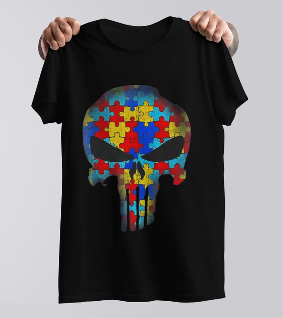 Skull Autism Awareness Puzzle Piece Professional T-Shirt