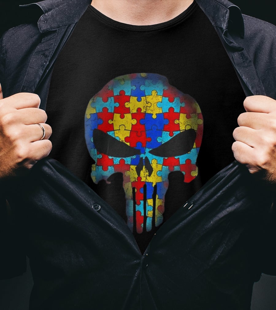 Skull Autism Awareness Puzzle Piece Professional T-Shirt
