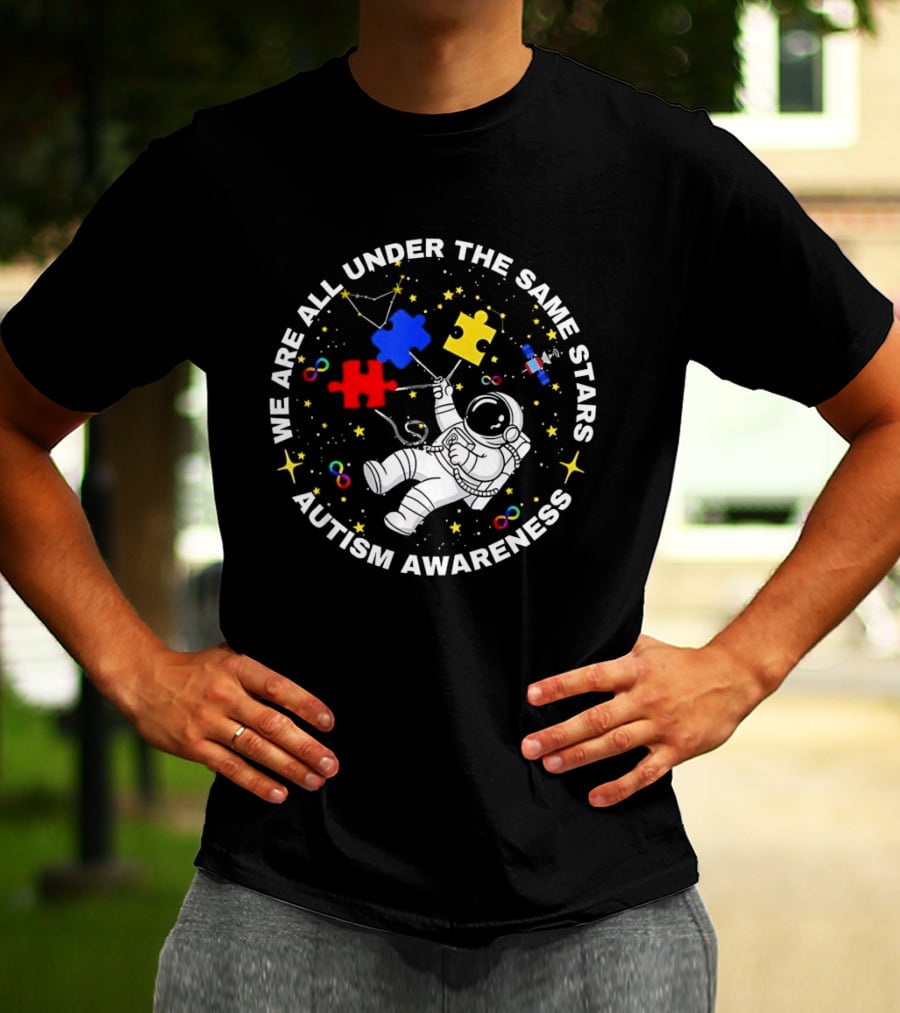 We Are All Under The Same Stars Autism Awareness Astronaut Puzzle Pieces T-Shirt