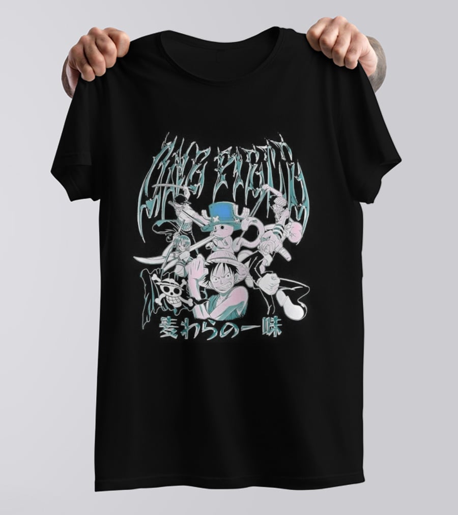 One Piece Group Chrome Luffy Zoro Nami Sanji Chopper Tony Tony Pirate Crew Manga Anime Style Kanji T-Shirt