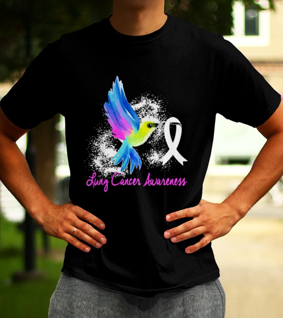 Lung Cancer Awareness Hummingbird With White Ribbon T-Shirt
