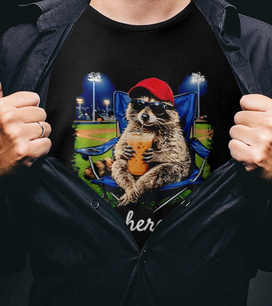 Raccoon I Live Here Now With Sunglasses And Drink At Baseball Field T-Shirt