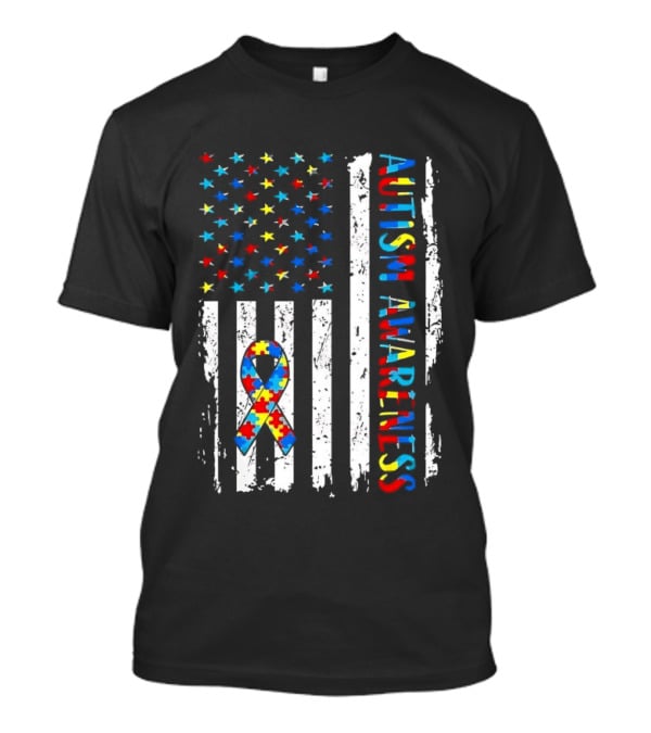 USA Flag Autism Awareness Ribbon Puzzle Pieces T-Shirt