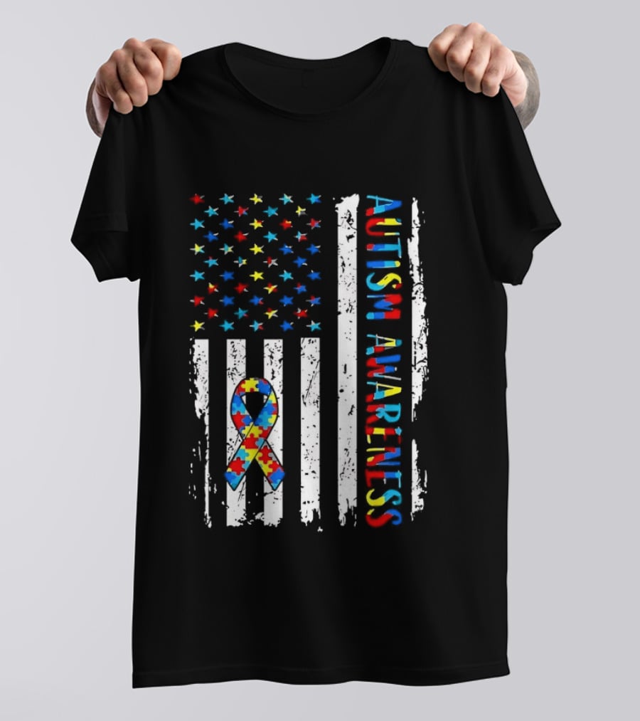 USA Flag Autism Awareness Ribbon Puzzle Pieces T-Shirt