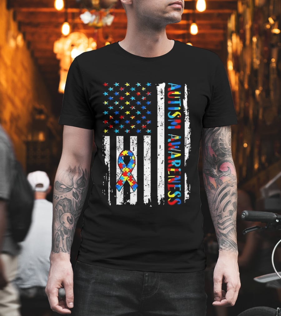 USA Flag Autism Awareness Ribbon Puzzle Pieces T-Shirt