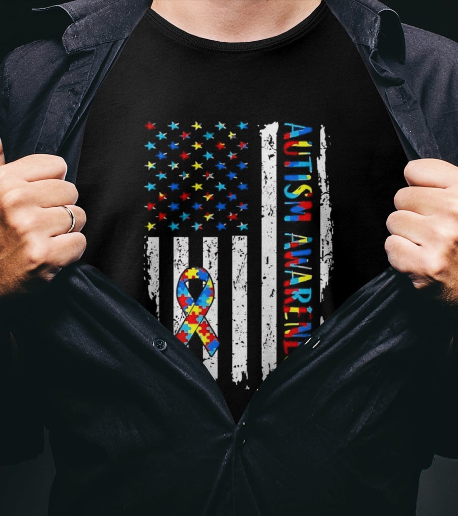USA Flag Autism Awareness Ribbon Puzzle Pieces T-Shirt