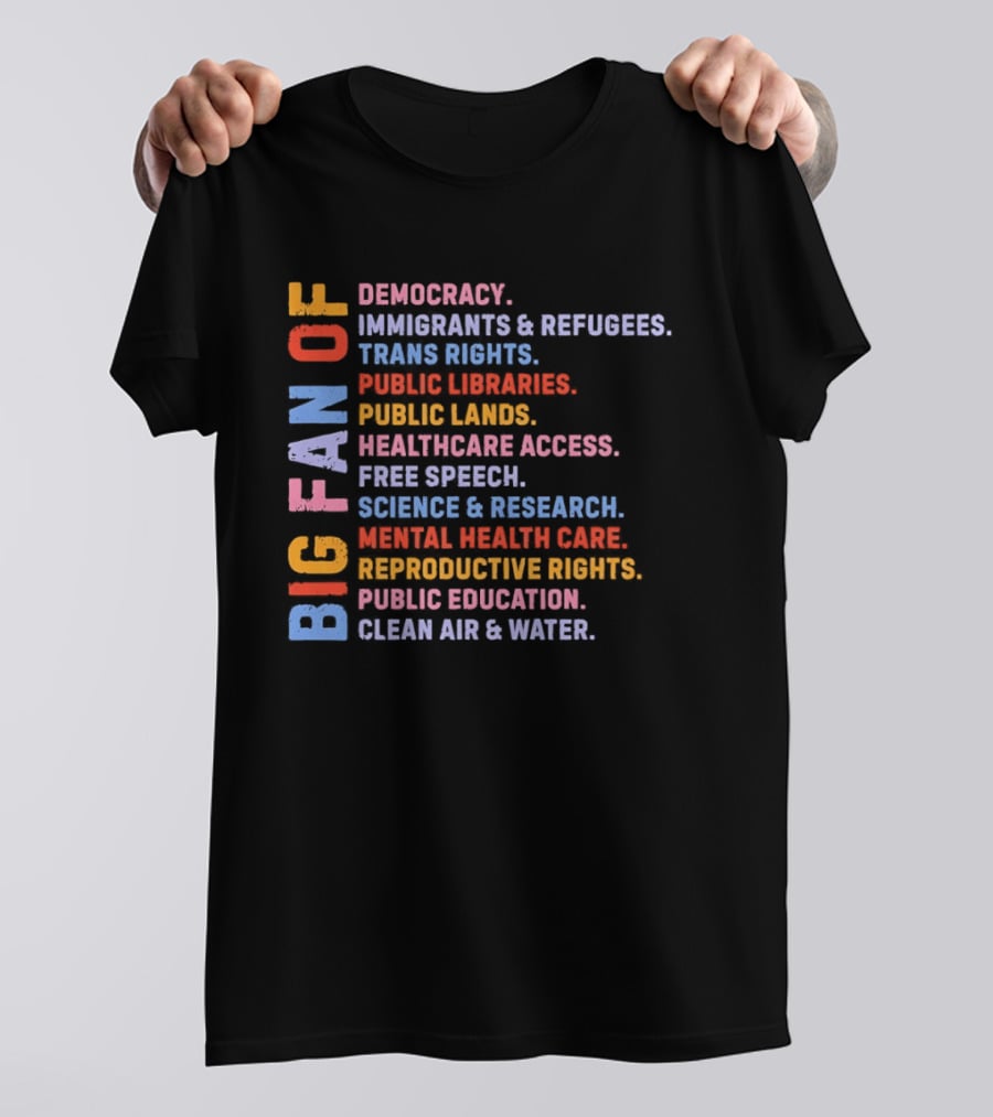 Big Fan Of Democracy Immigrants Refugees Trans Rights Unions Public Libraries Healthcare Mental Health Reproductive Rights Education Clean Air Water T-Shirt