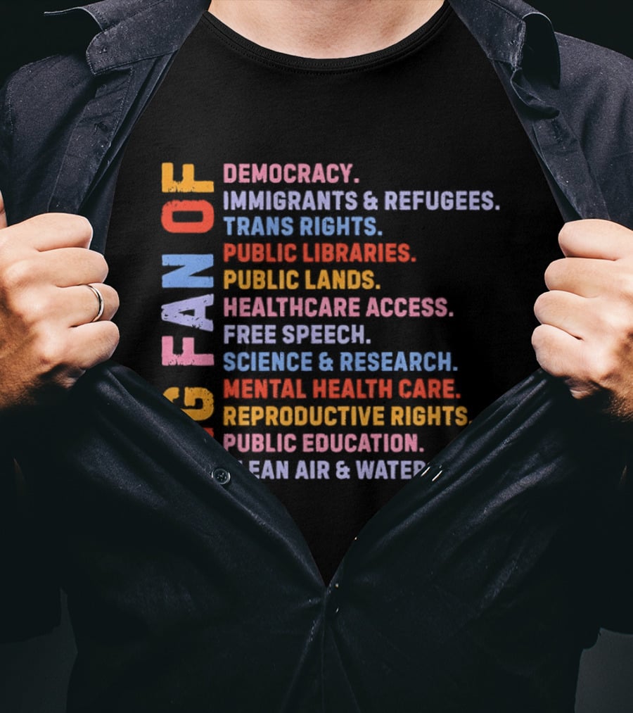 Big Fan Of Democracy Immigrants Refugees Trans Rights Unions Public Libraries Healthcare Mental Health Reproductive Rights Education Clean Air Water T-Shirt