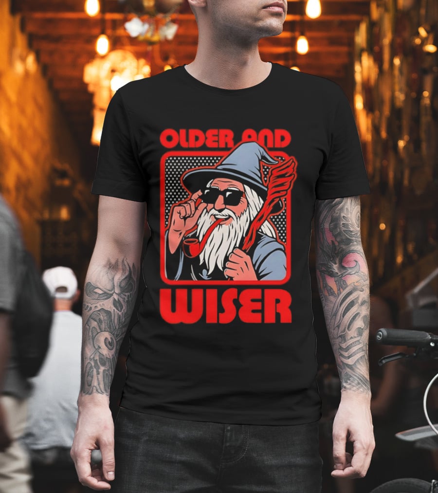 Older And Wiser Wizard Smoking Pipe In Sunglasses Wise Pop T-Shirt