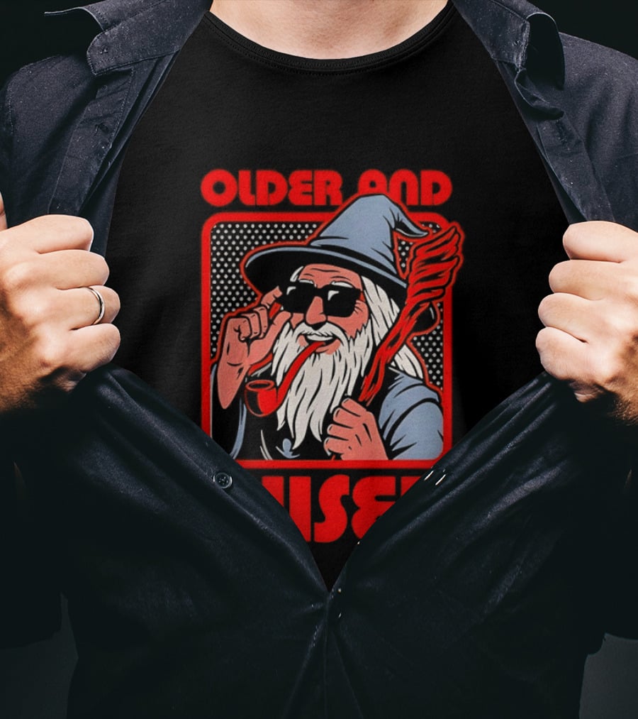 Older And Wiser Wizard Smoking Pipe In Sunglasses Wise Pop T-Shirt