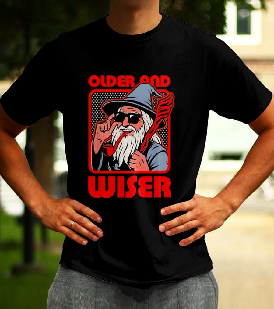 Older And Wiser Wizard Smoking Pipe In Sunglasses Wise Pop T-Shirt