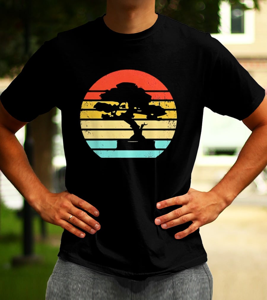 Bonsai Tree Silhouette Japan Retro Sunset T-Shirt