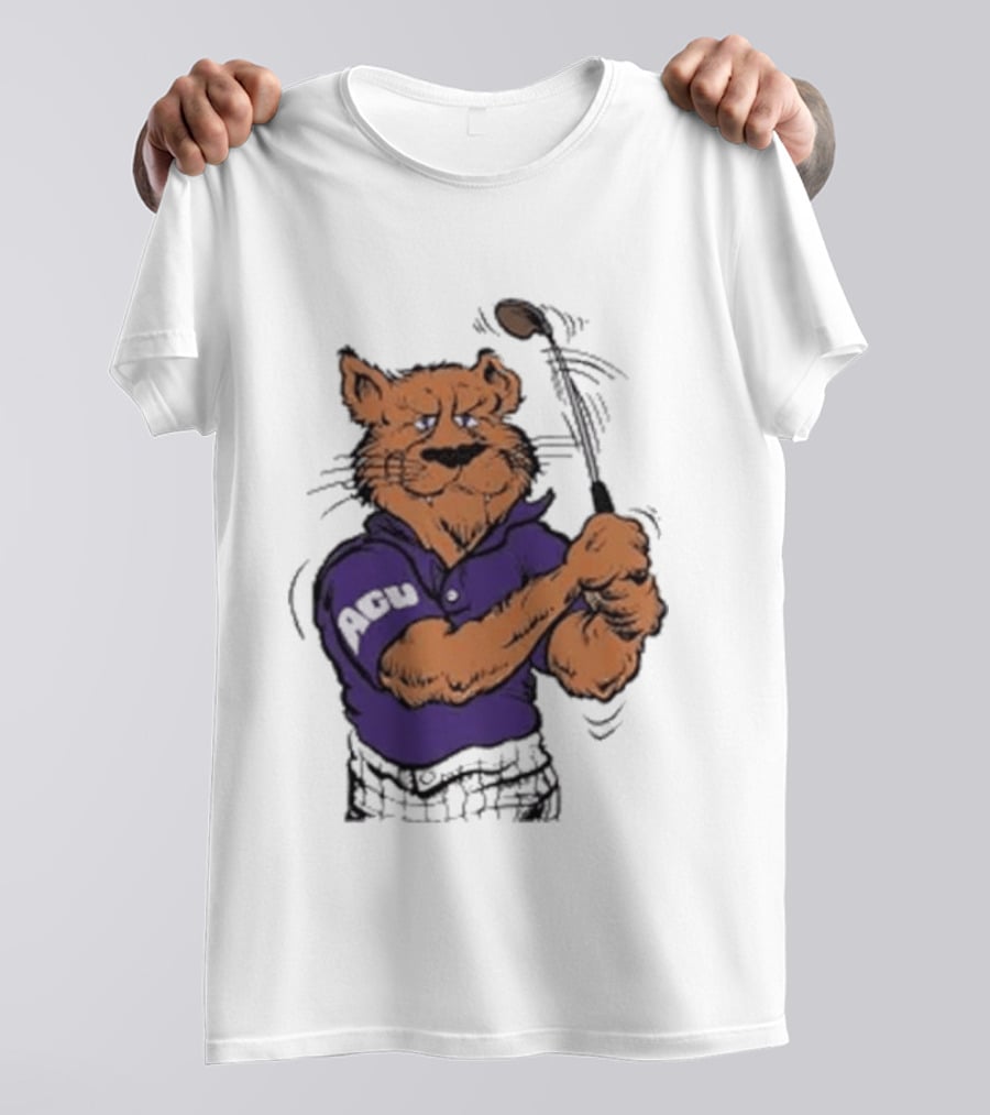 ACU Golf Puma In Purple Polo Swinging A Club T-Shirt