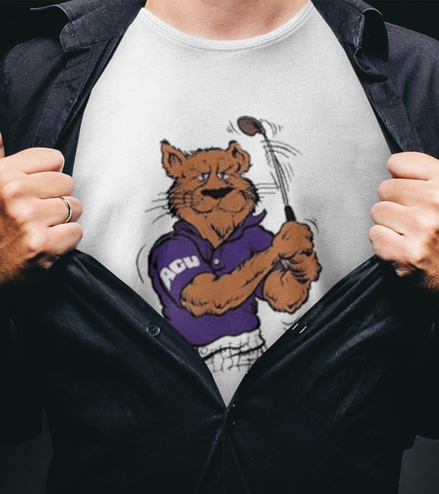 ACU Golf Puma In Purple Polo Swinging A Club T-Shirt