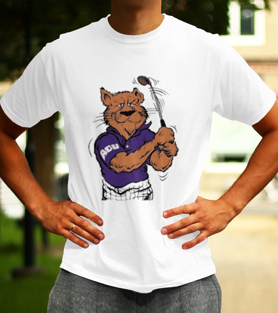 ACU Golf Puma In Purple Polo Swinging A Club T-Shirt